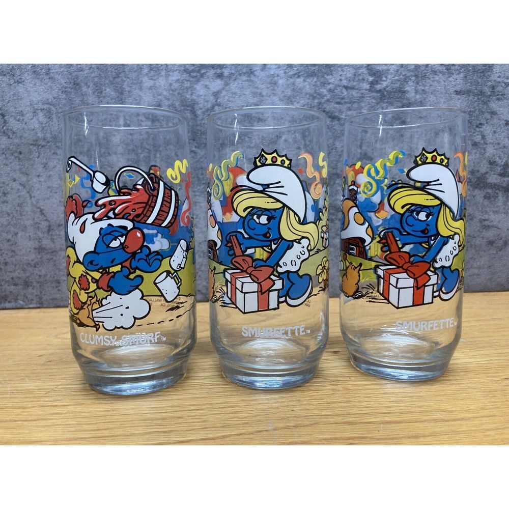 Lot Of 3 Vintage 1983 Smurf Glasses